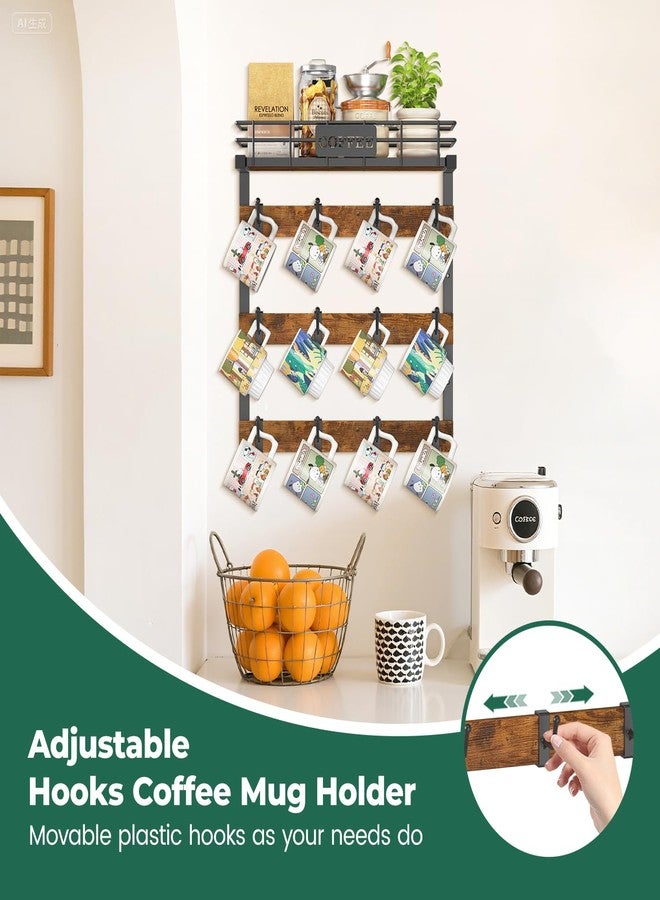 EsLuker.ly Coffee Mug Holder Wall Mounted Display Rack, Black Metal Cup Hanger Organizer with 12 Movable Plastic Hooks, Wood Rustic Shelf for Coffee Bar Home Kitchen, Thoughtful Wall Storage - Image 3